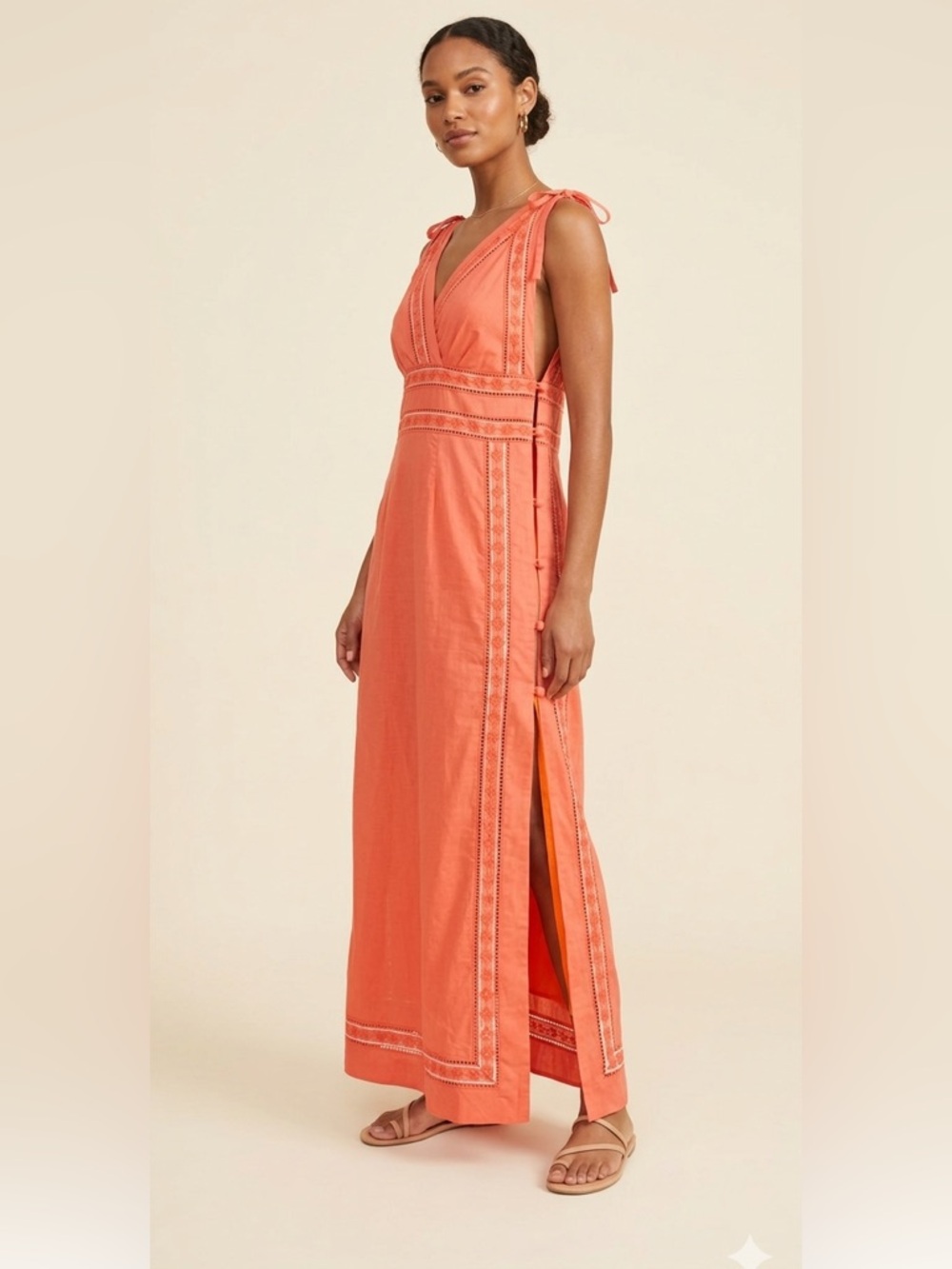 NWT Loretta Caponi Dea Dress Hot Coral Tie-Shoulder Eyelet Maxi‎ Dress Sz S